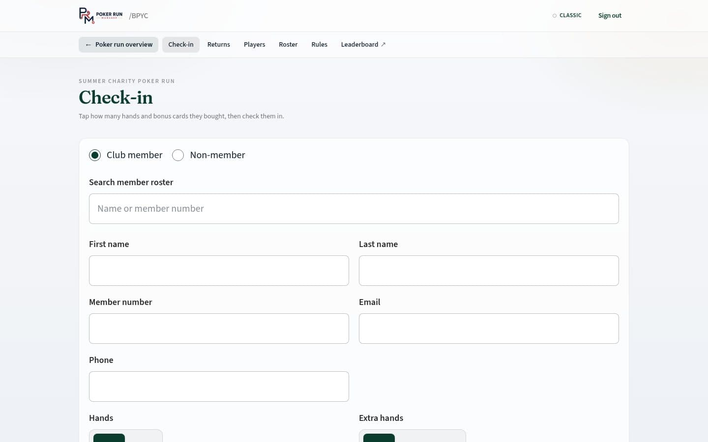 Check-in desk with member lookup and hand sales