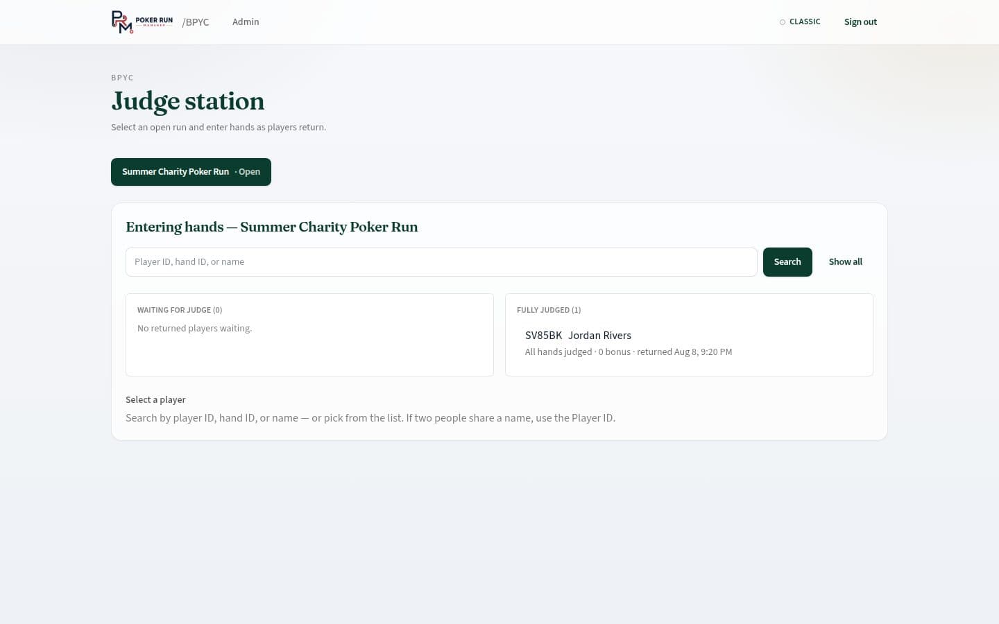 Judge station with player search and hand entry