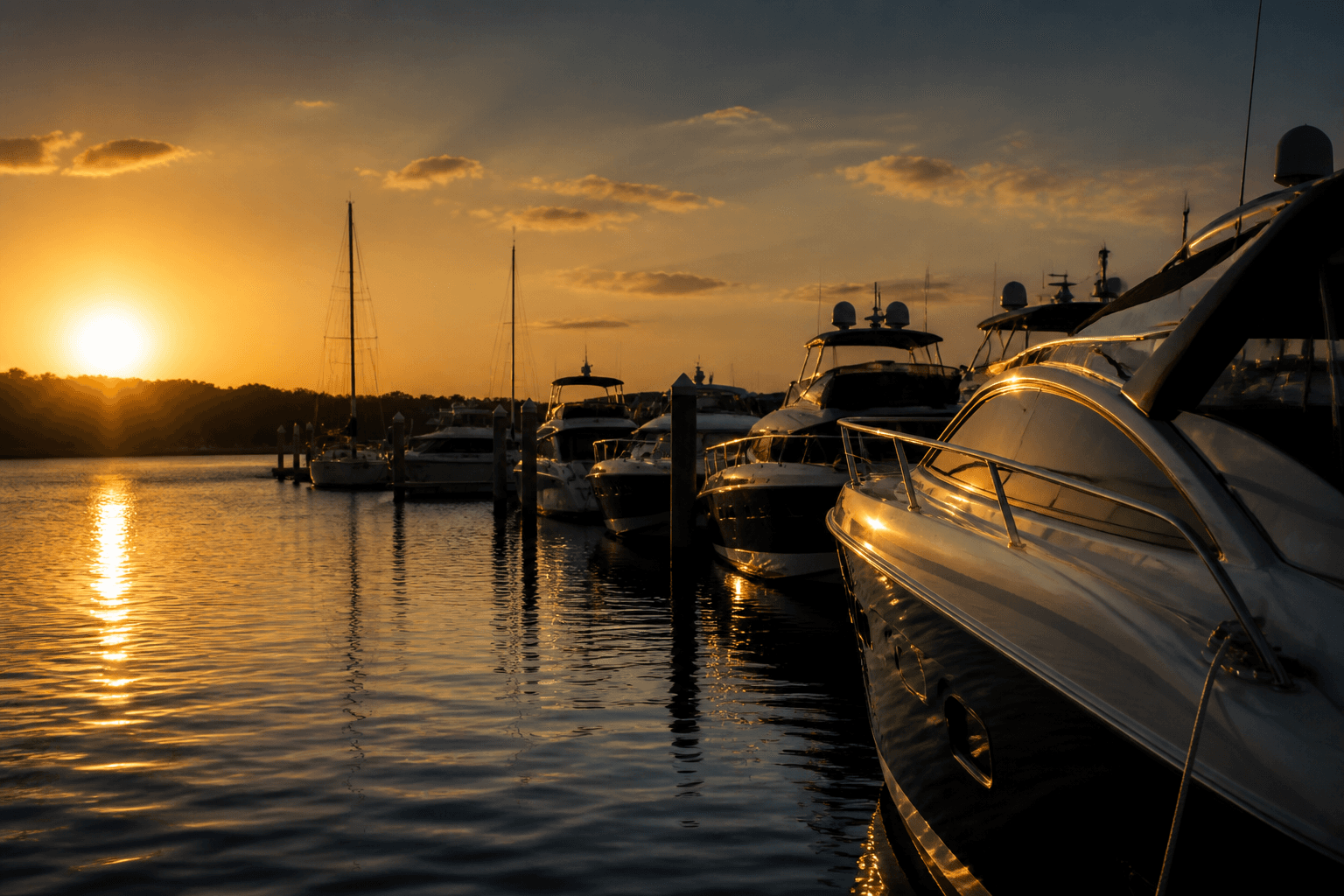 Boats docked in a harbor at sunset
