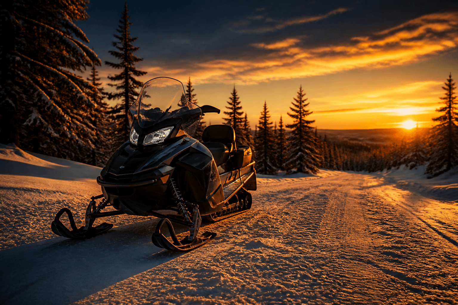 Snowmobile on a winter trail at sunset