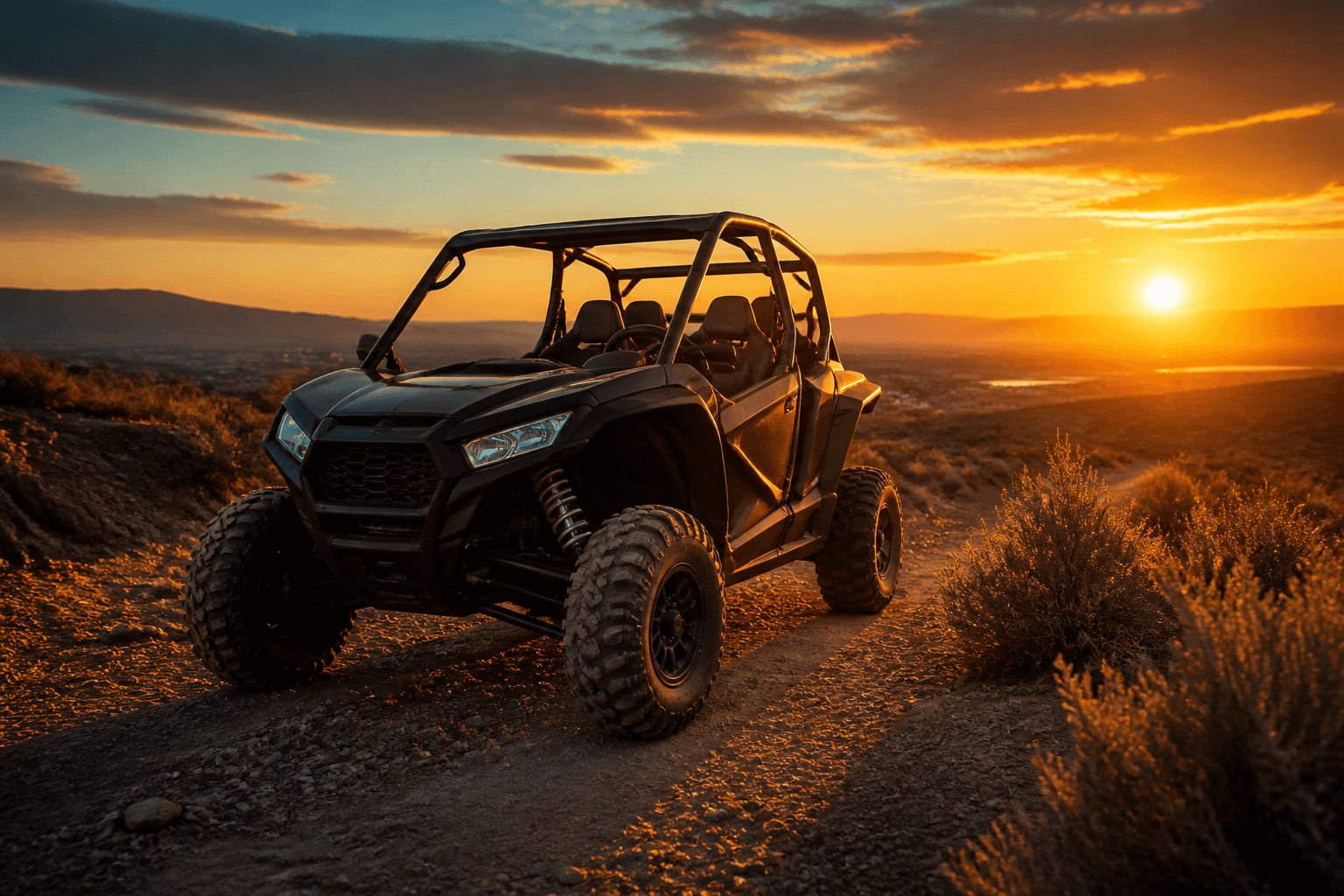 UTV on a dirt trail at sunset